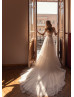 Off Shoulder Beaded Ivory Polka Dots Tulle Wedding Dress